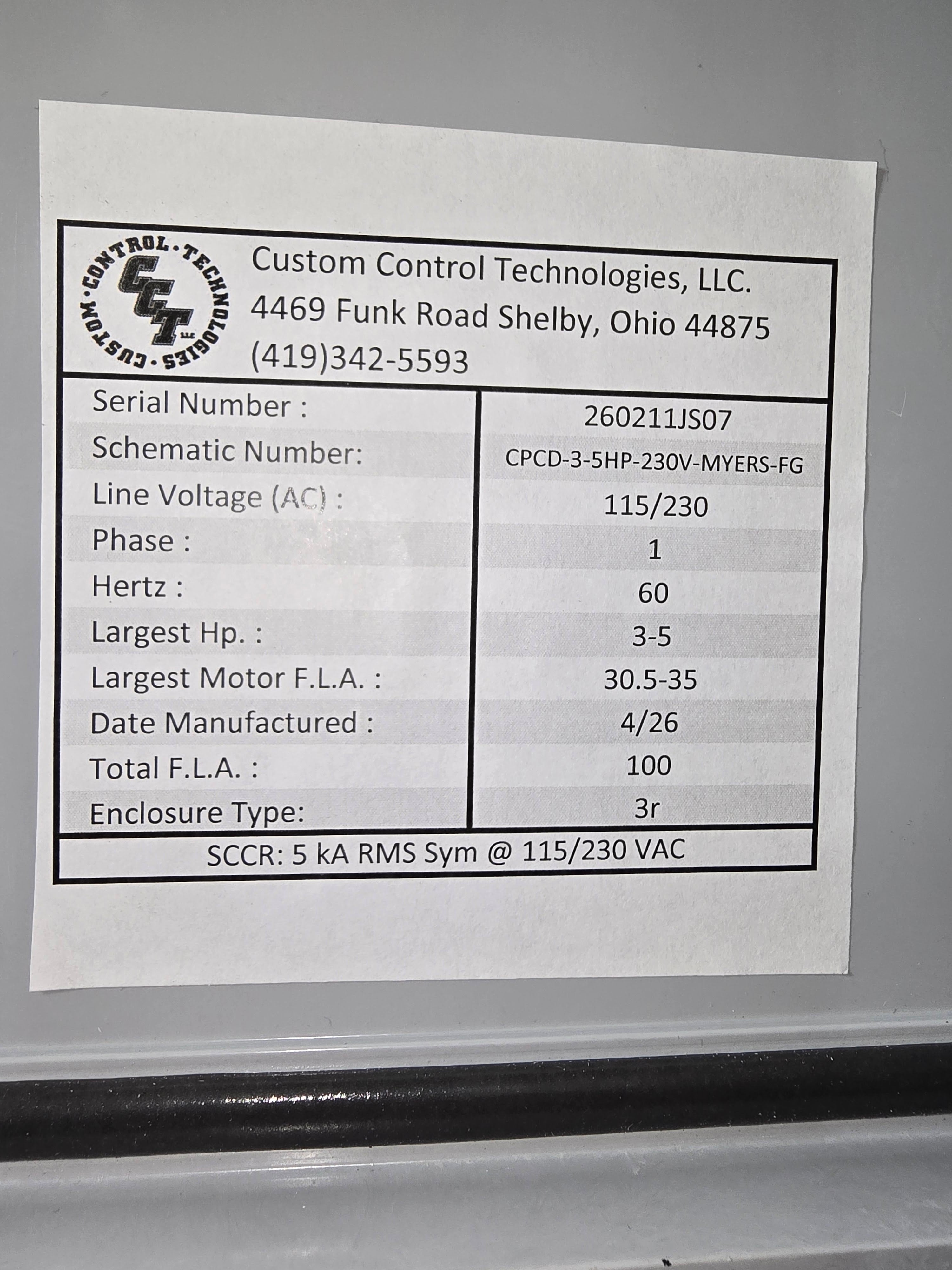 CPCD-3-5HP MYERS DEP CONTROL PANEL (230v, 1Ø, 30-35FLA UP TO 5HP)