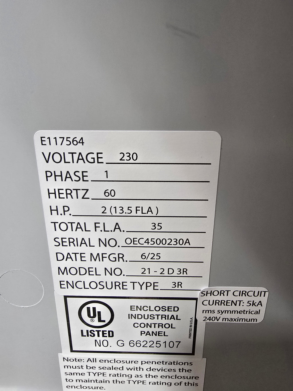 2HP Duplex 208v/230v 1ph DEP Lift Station Control Panel 12-18FLA