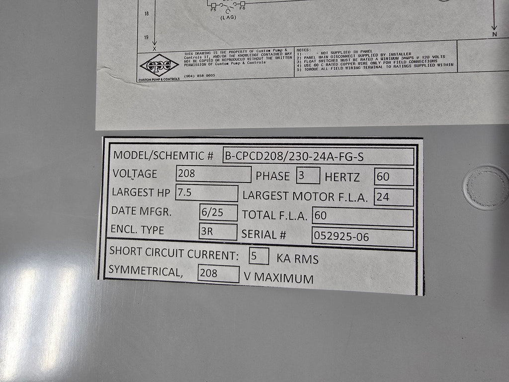 7.5HP Duplex 208/230v 3ph DEP Lift Station Control Panel 16-24FLA