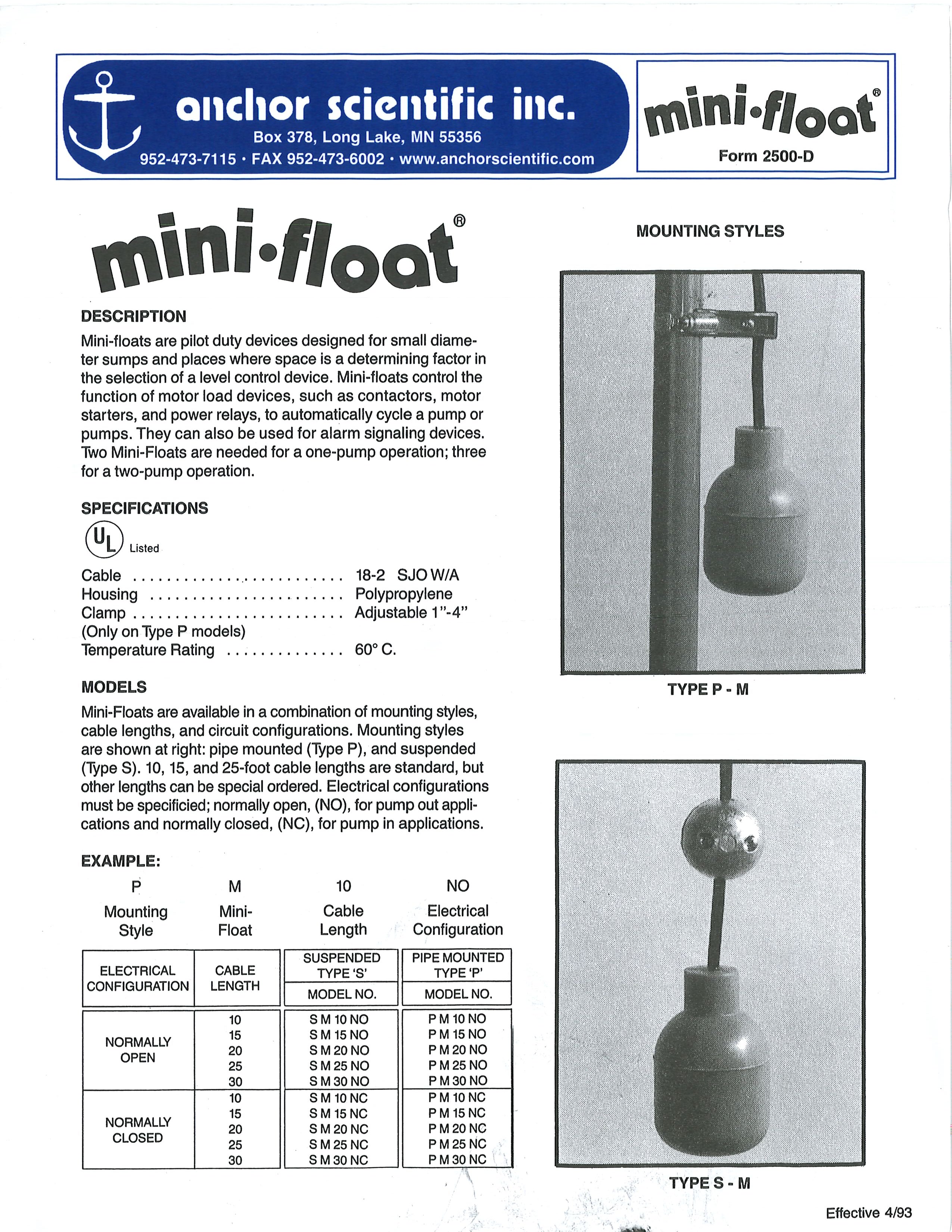Anchor Scientific SM30NO Mini-Float - 30ft cord