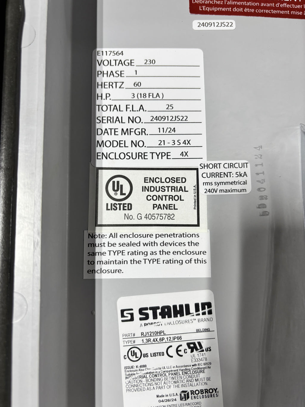 5HP Duplex 230v 1ph Lift Station Control Panel < 18FLA